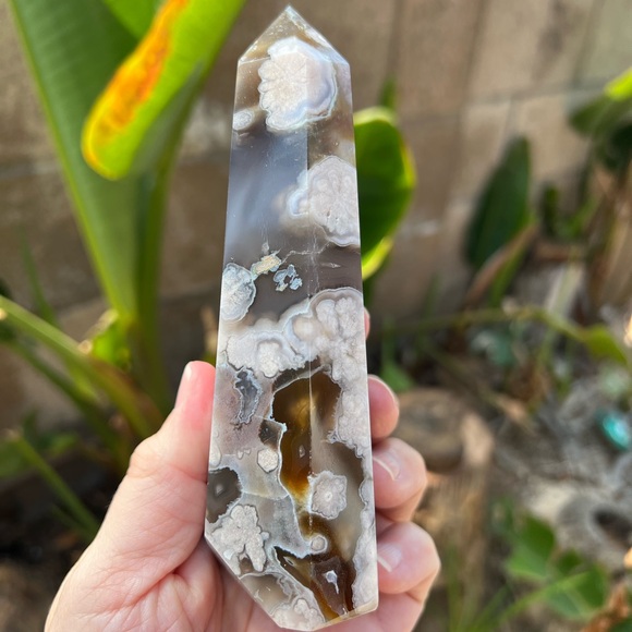 Black Flower Agate Druzy Tower with Carnelian - Picture 3 of 11